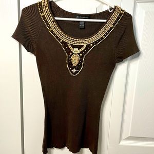 WOMENS BROWN BEADED SHIRT